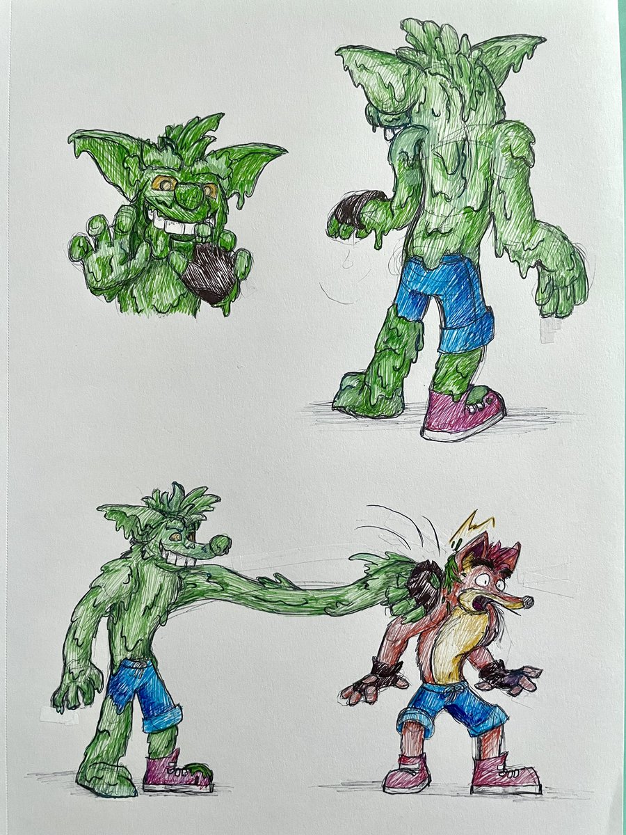 I was supppsed to post this a week ago since it fit with Friday the 13th. It’d be nice to post on the Friday the 13th before my birthday, which is pretty cool to have. Oops. Here’s a few sketches of monster Fake Crash. 
#crashbandicoot #fakecrash #crashteamracing #fakecrashfriday