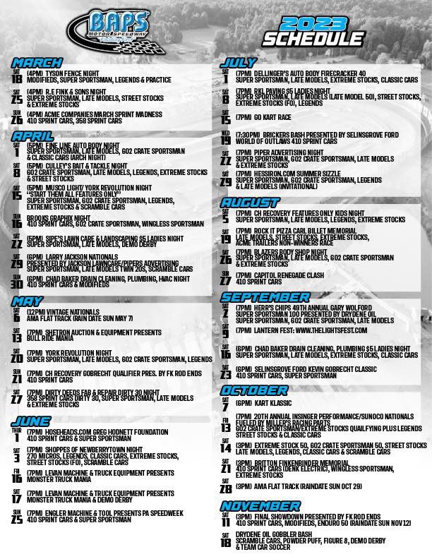BAPS Motor Speedway on Twitter "Check out our 2023 racing schedule! We