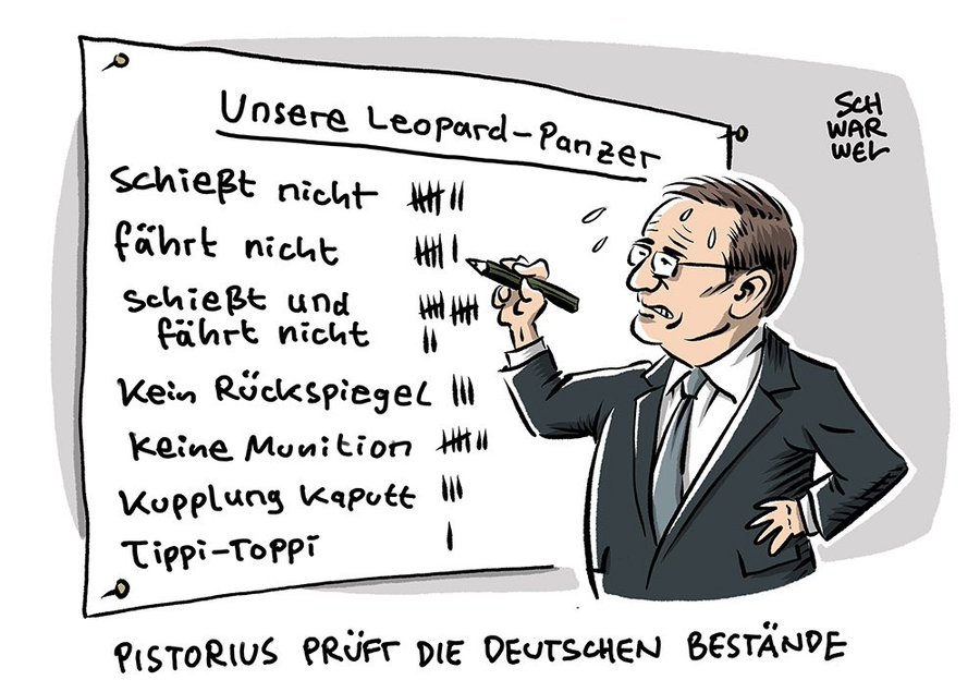 #Pistorius prüft die Deutschen Bestände

#Leopard-#Panzer 
(Cartoon von Schwarwel)