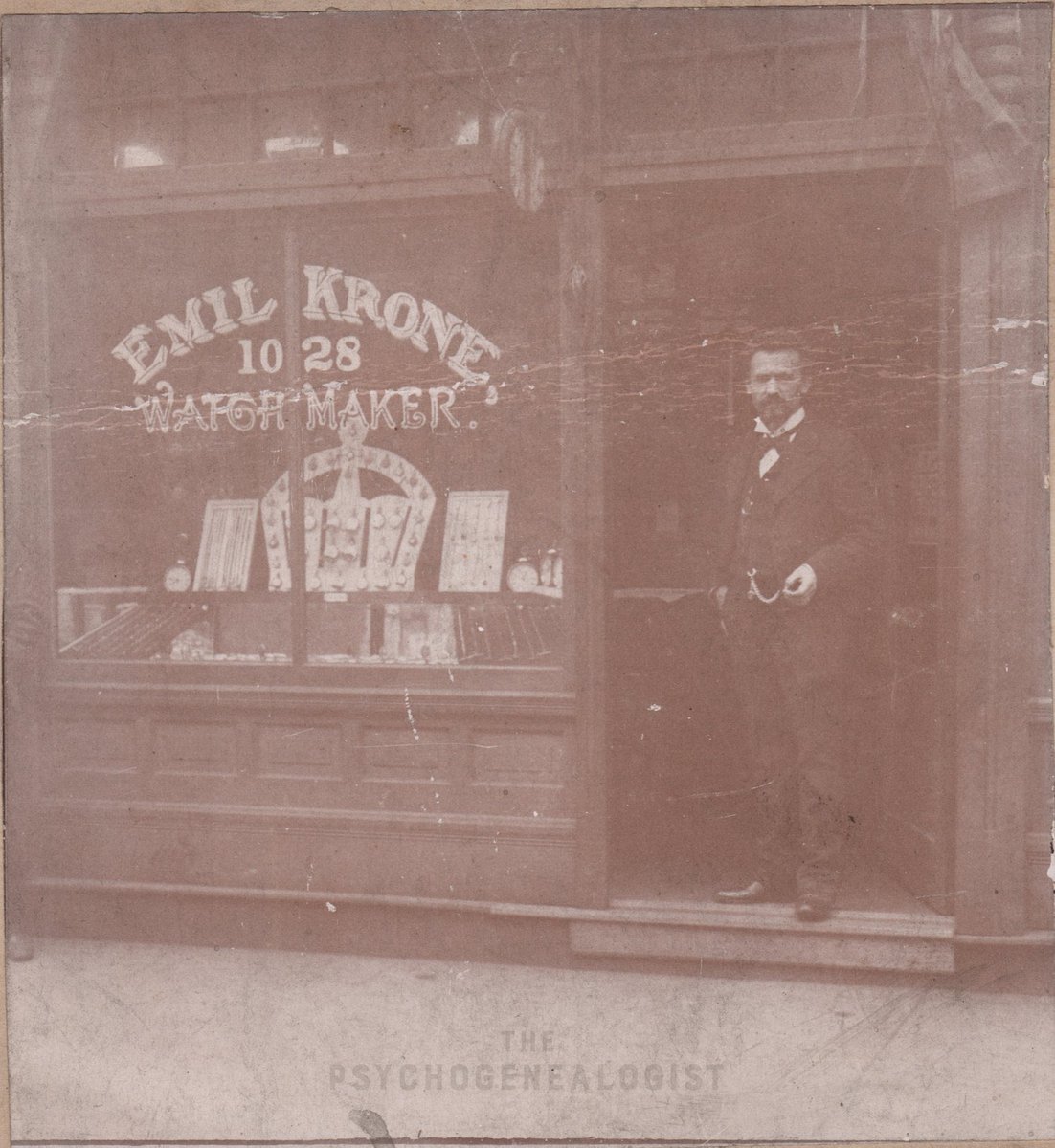 PsyGenealogist's tweet photo. This man is most likely Emil Krone (1858-1943), a watchmaker and jeweler, in front of his store at 1028 Central Ave., Cincinnati, Ohio in 1896.

👉 https://t.co/zqWVD2OnLP

#foundphoto #Cincinnati #history https://t.co/Rvj9jn5O5i