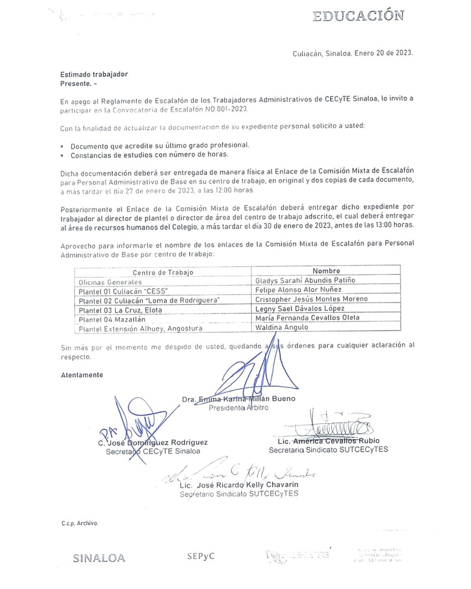 sutcecytesin1's tweet photo. A todos los trabajadores ADMINISTRATIVOS del Cecyte Sinaloa y agremiados del SUT Cecytes. 
Les compartimos la primer #Convocatoria2023 para participar en las plazas vacantes temporales.
No olvides enviar a los dos correos tu solicitud para no quedar fuera o descartado. https://t.co/G48LlDC3A6