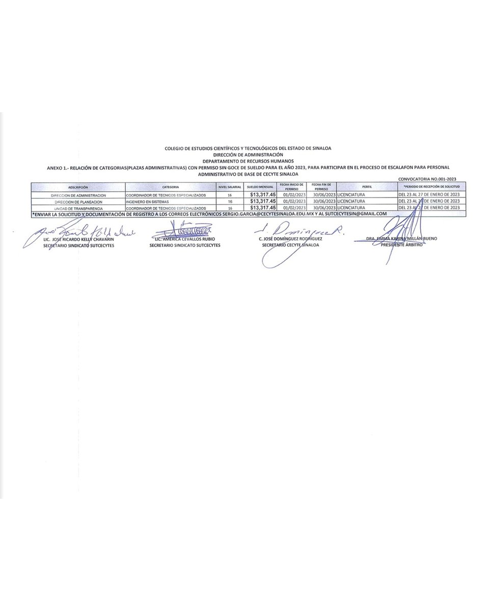 sutcecytesin1's tweet photo. A todos los trabajadores ADMINISTRATIVOS del Cecyte Sinaloa y agremiados del SUT Cecytes. 
Les compartimos la primer #Convocatoria2023 para participar en las plazas vacantes temporales.
No olvides enviar a los dos correos tu solicitud para no quedar fuera o descartado. https://t.co/G48LlDC3A6