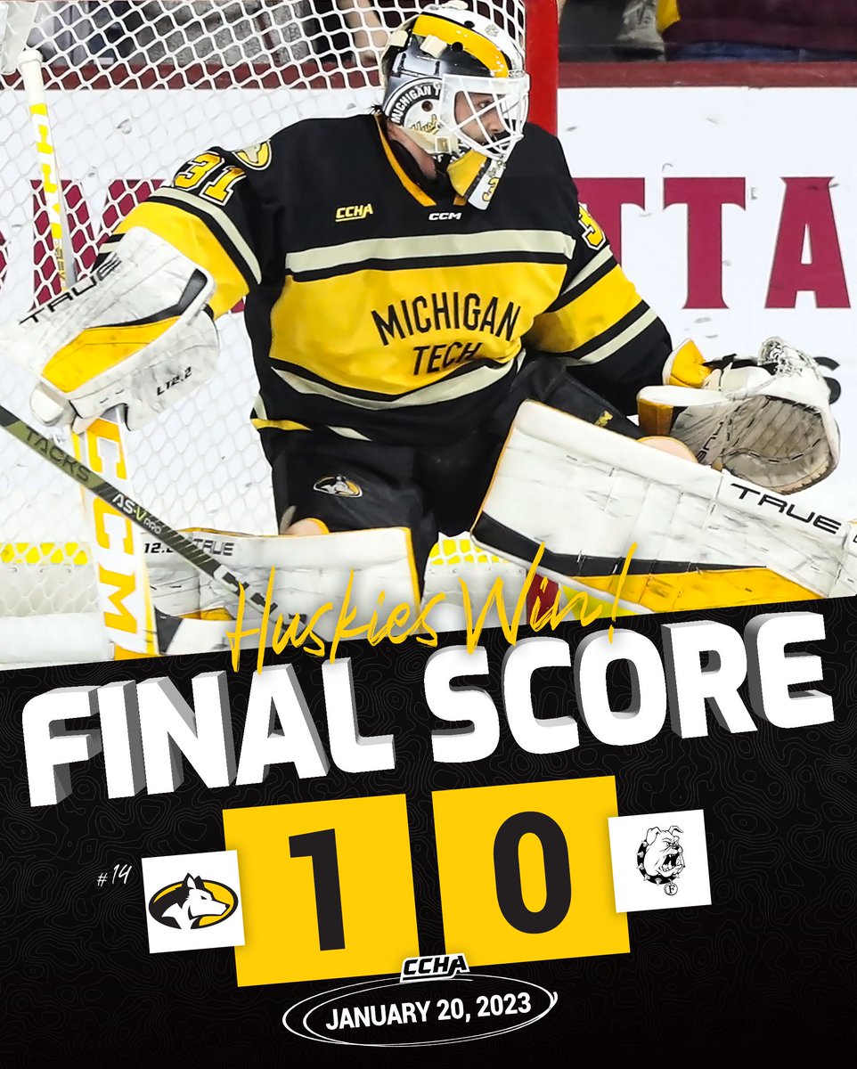 𝗛𝗨𝗦𝗞𝗜𝗘𝗦 𝗪𝗜𝗡! Blake Pietila earns his 6th shutout of the season and 16th of his career with 21 saves! Kyle Kukkonen scored the goal in the first. #mtuhky #FollowTheHuskies
