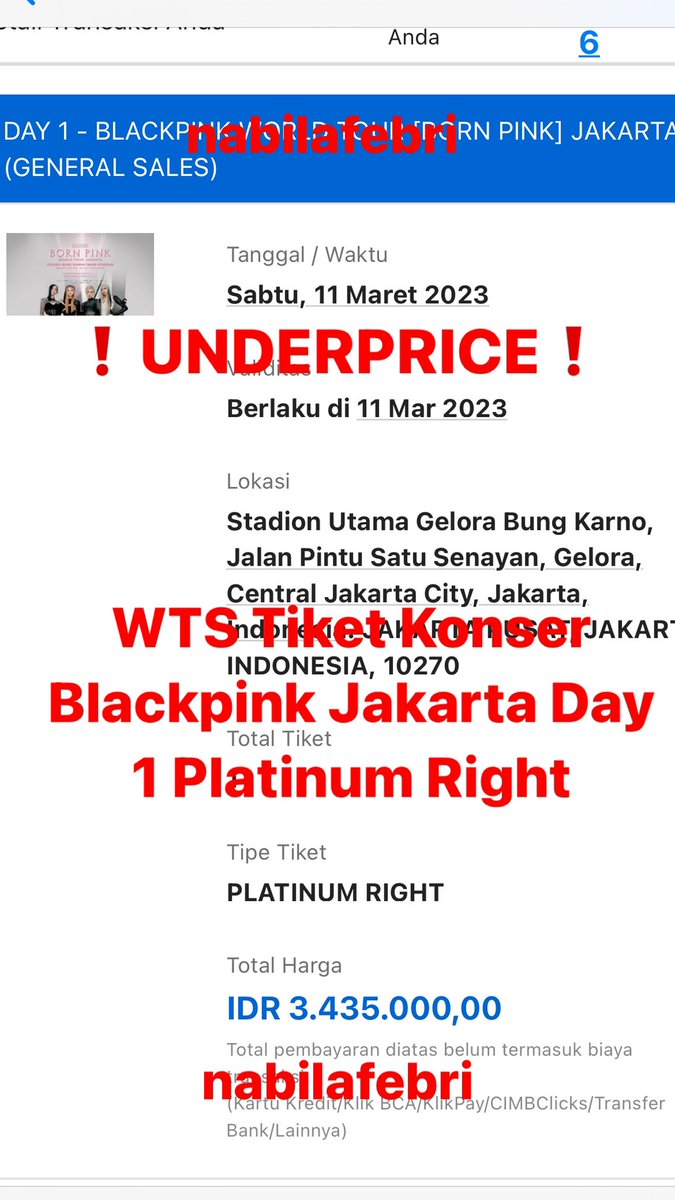 nabilafebri's tweet photo. ❗️UNDERPRICE❗️

WTS Tiket Konser Blackpink Jakarta Day 1  (11 Maret 2023)

- Platinum Right
- Only 1 ticket
- Bisa diurus sampai tiket fisik karna sama2 nonton di Day 1
- Harga 3,4jt

Minat bisa langsung DM https://t.co/AS5qR9Huvt