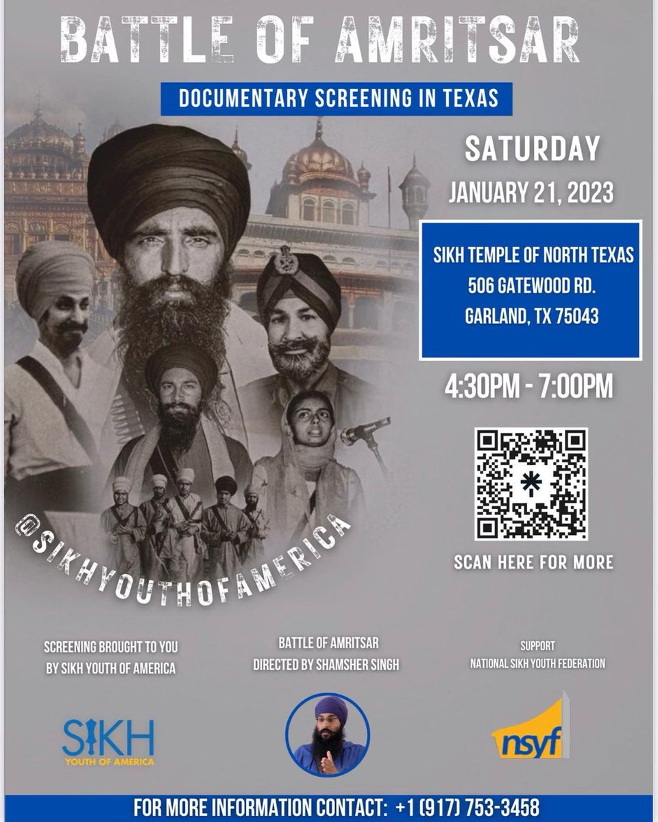 SikhPA's tweet photo. * #BattleOfAmritsar Texas Screenings *

This weekend on both Saturday and Sunday there are two separate showings in Texas (USA) of the highly acclaimed @JungHindPunjab documentary on Sikh resistance against India's attack on holy site Sri Harmandir Sahib in 1984. Details below. https://t.co/UzHr5KCDlM