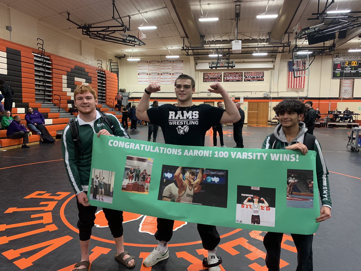 coachjoecentral's tweet photo. Congratulations @Slayronotm Aaron Cramer on your 100th career Varsity win with a pin over Mundelein!! Way to go kid!! Keep up the good work! We are proud of you! #biggoalsinfeburary #podiumtime https://t.co/1wOePAEs8x
