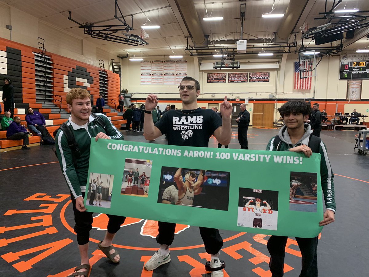 coachjoecentral's tweet photo. Congratulations @Slayronotm Aaron Cramer on your 100th career Varsity win with a pin over Mundelein!! Way to go kid!! Keep up the good work! We are proud of you! #biggoalsinfeburary #podiumtime https://t.co/1wOePAEs8x