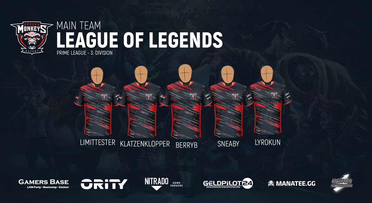 [#LOL] [#MainTeam]

Dürfen wir vorstellen? 

Unser Div. 3 LOL Main Team!🔥

<a href="/AoTYoursenpai/">LímítTester</a> auf der TOP LANE 
<a href="/DivineWukong/">Klatzenklopper</a> im JUNGLE
@BerrybSfa  auf der MID LANE
<a href="/SneabyADC/">M</a>  als ADC
<a href="/lyrokun/">Lyrokun</a> als SUPP
<a href="/OberbayerTV/">Oberbayer</a> als MANAGER

Wir freuen uns auf den Winter Split der <a href="/PrimeLeague/">Die Techniker Prime League</a>!