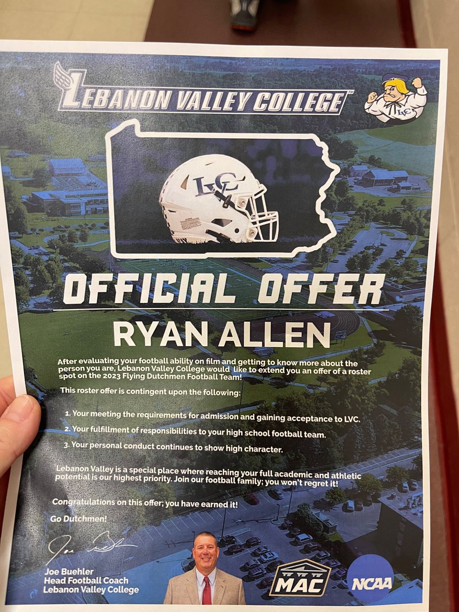 RyanAllen417's tweet photo. Excited and honored to say I received an official offer to play at Lebanon Valley College!
Thank you to the Head coach, @joebuehler_lvc and QB coach @CoachThompsonCT for taking the time to talk to my family and I about the future of your team. Thank you for your hospitality! https://t.co/TahQ2jv7or
