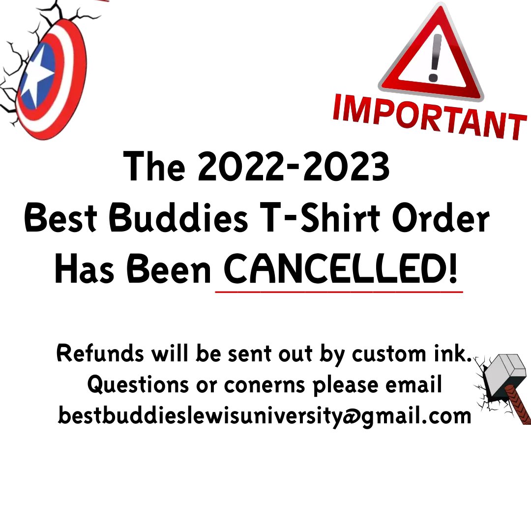 LUBestBuddies_'s tweet photo. The Best Buddies order form through custom ink has been cancelled. Custom Ink will be issuing a refund to those who ordered t-shirts. A new form will be sent out as soon as possible. Thank you for your understanding! https://t.co/deohm6hbl0