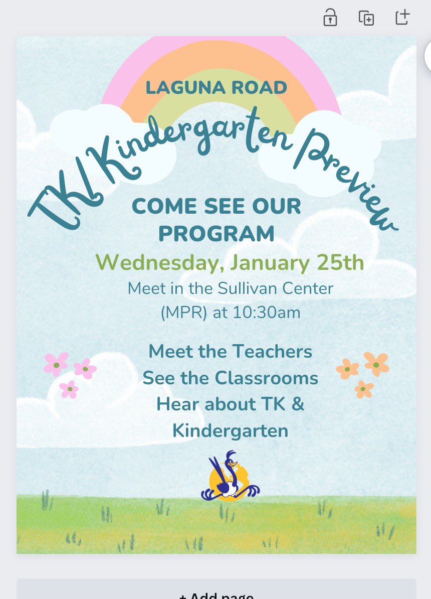 Next week we have our TK/Kindergarten Preview! Join us to learn about Laguna Road TK/Kinder! Please note that the time has changed to 10:30! See you Wednesday!