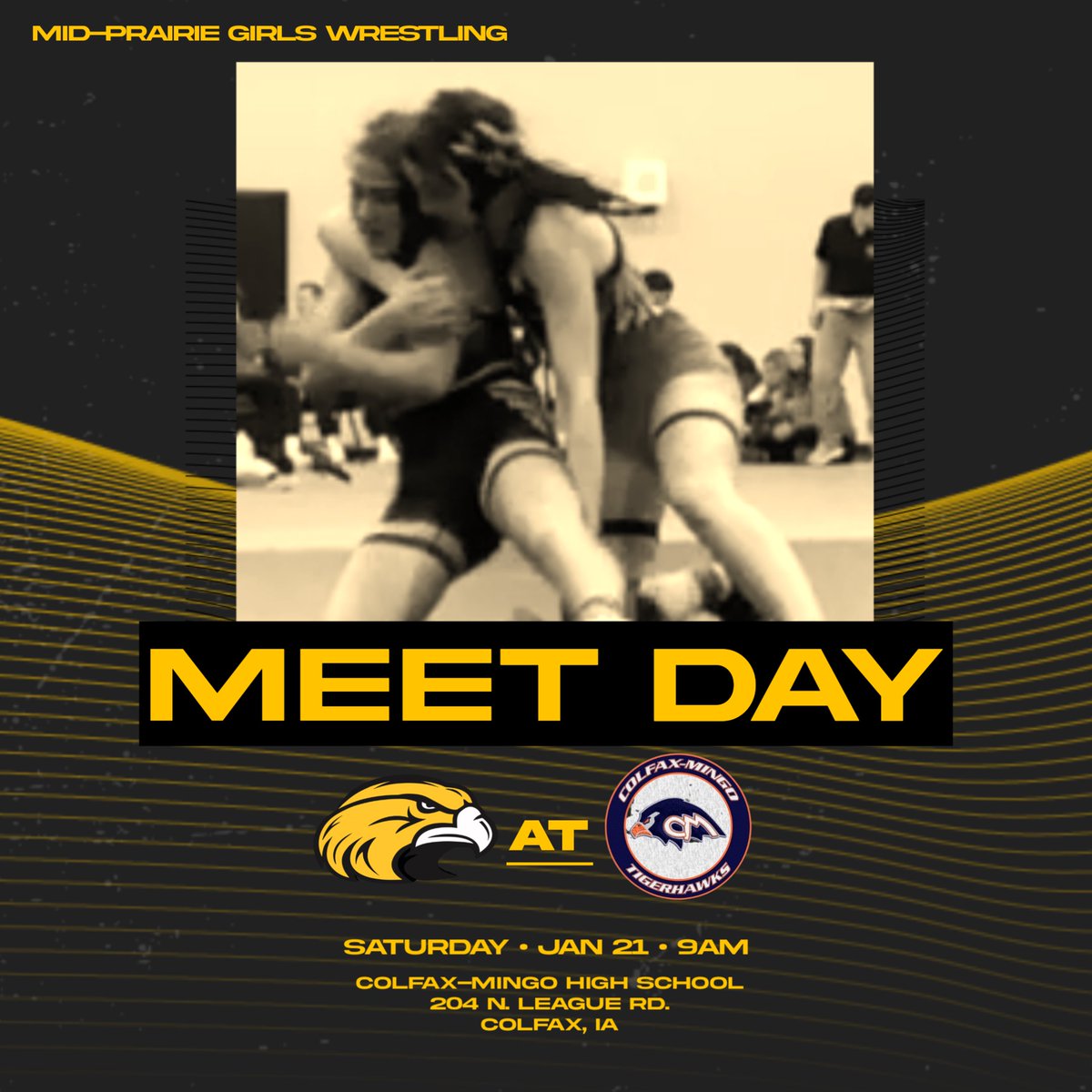 Final regular season meet for the girls on Saturday. Wrestling starts at 9:00AM in Colfax.