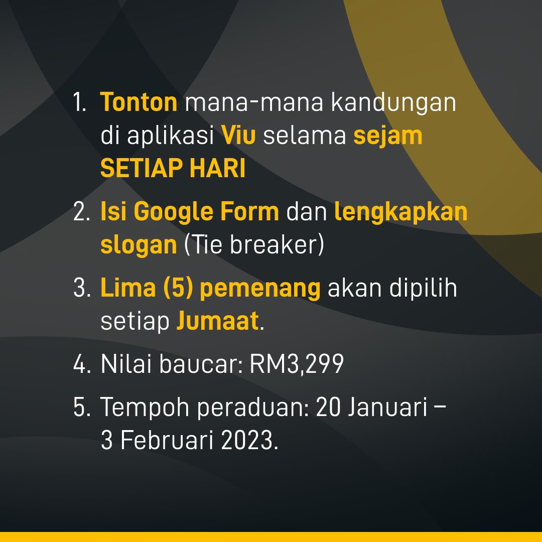 ViuMalaysia's tweet photo. Baucar TV PRISM+ mungkin menjadi milik anda! Follow je semua steps dalam gambar tertera. Good Luck 💛

✅ Anda dikehendaki menonton siri/filem sekurang-kurangnya sejam setiap hari

✅ Isi Google Form di sini: https://t.co/0SEJyPXGyE

*Tertakluk kepada terma &amp; syarat https://t.co/89CrnTja1V
