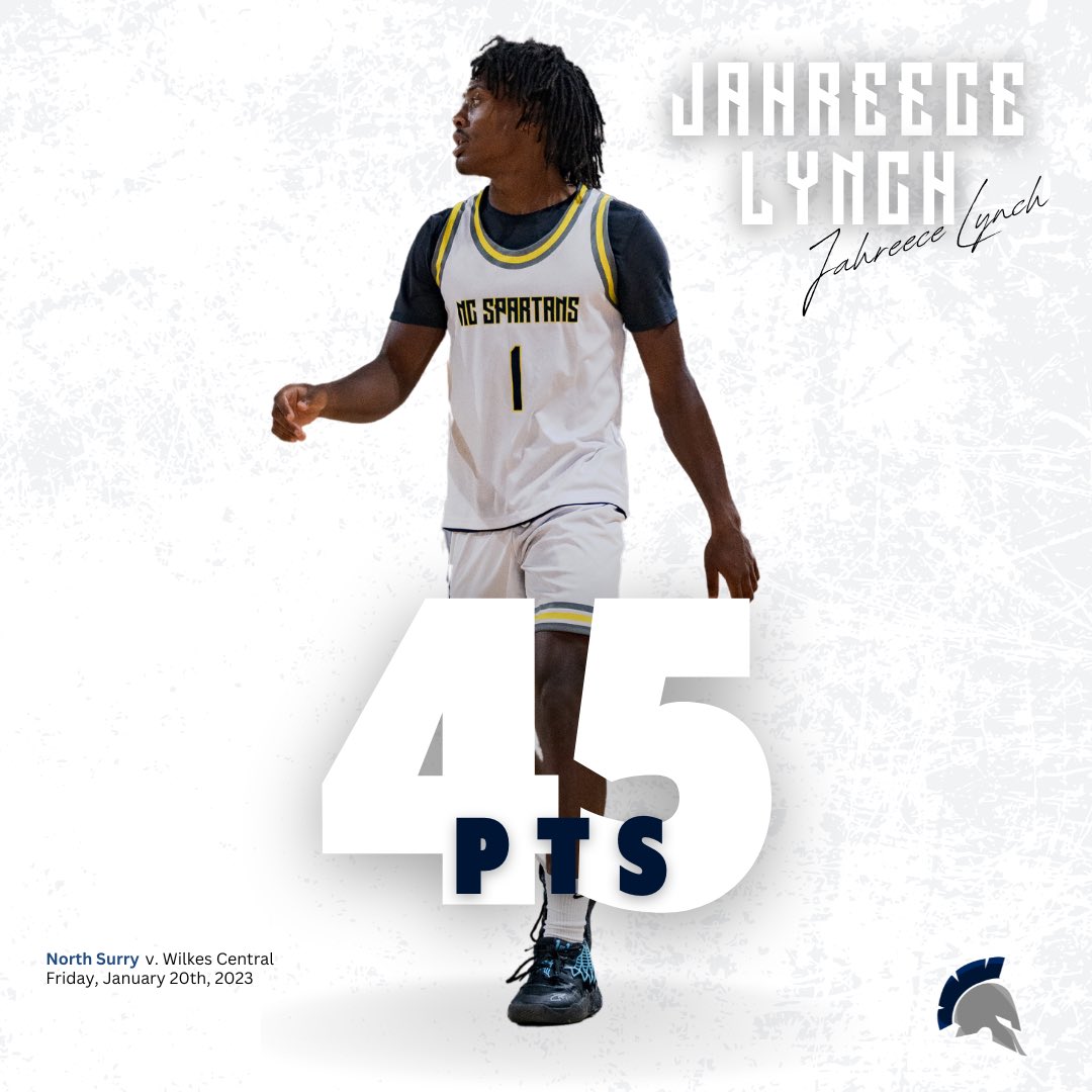 A casual 4️⃣5️⃣ for <a href="/JahreeceL/">jahreece lynch</a> in 3 quarters of play tonight for <a href="/NorthSurryMBB/">North Surry High School Men’s Basketball</a>. Unsigned Senior having himself one heck of a final season. 

#NCSpartans #LikeASpartan