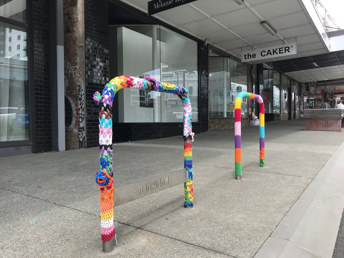 Wilde_Leafy's tweet photo. Someone from Merge was stoked that we were putting pieces outside their cafe. They even knew what we were doing because they had already seen it in the #AucklandPrideFestival programme!
#YarnForPride https://t.co/tJ78M3IM8h