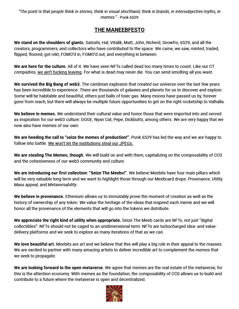 1/ The Maneebfesto is now available to read and will open for minting tomorrow via Manifold.

It's a free, 24hr edition starting at 8am EST on Jan 21st.

The Maneebfesto includes our guiding principles for the STM community. 

app.manifold.xyz/c/themaneebfes…