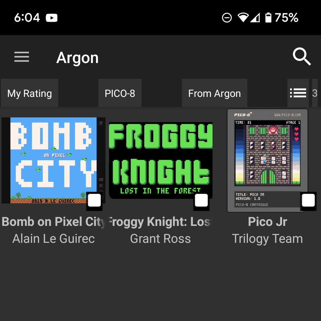 markspaceinc's tweet photo. More work this week on #pico8 - thanks go to these devs that submitted their games to get the library started! #playargon #pico8 #fantasyplatform https://t.co/bid1n68Q1F
