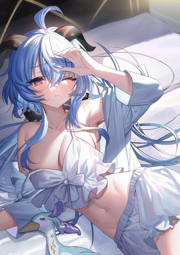 1girl ahoge bangs bare shoulders blue hair blush breasts  illustration images