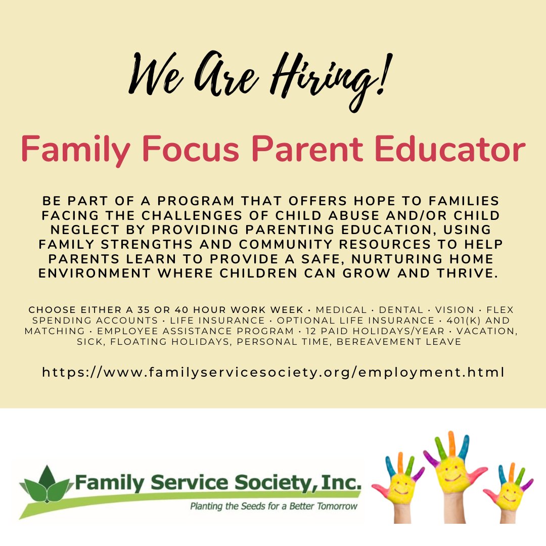 FamilySvcSoc's tweet photo. We have an opening for a Parent Educator in our Family Focus Program. 

Please find more details at https://t.co/gzV1kaTrrE https://t.co/R951bT81IK