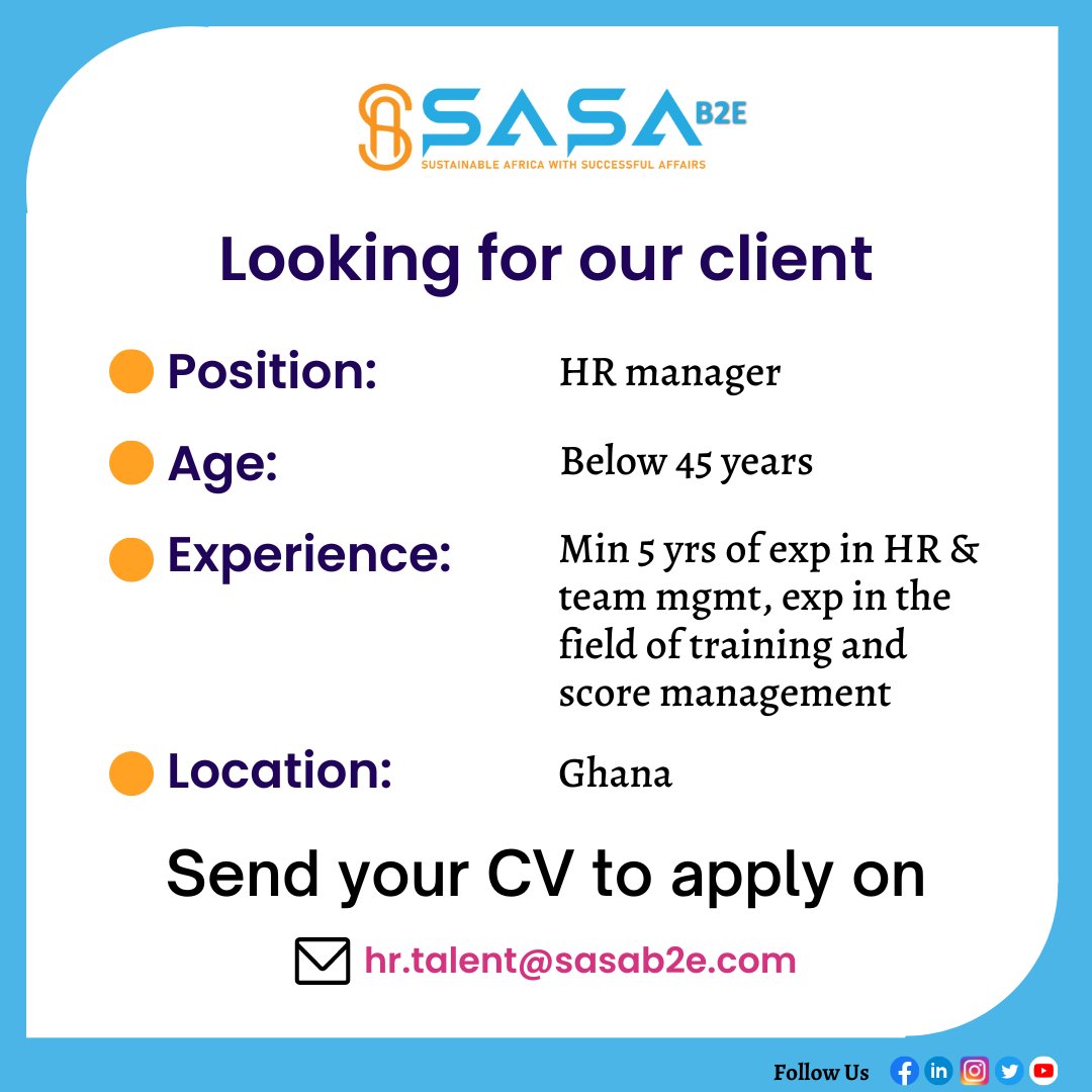 We are Hiring a HR manager  

✔️ Experience: Min 5 Years
✔️ Location: Ghana 
✔️ Age:  Below 45 years 
 
👉 Interested candidates can send their resume to recruitment.manager@sasab2e.com

#SASAB2E #hrmanager #hrmanagerjobs #hrmanagers #hr  #Indian #India #hiring #hiringnow