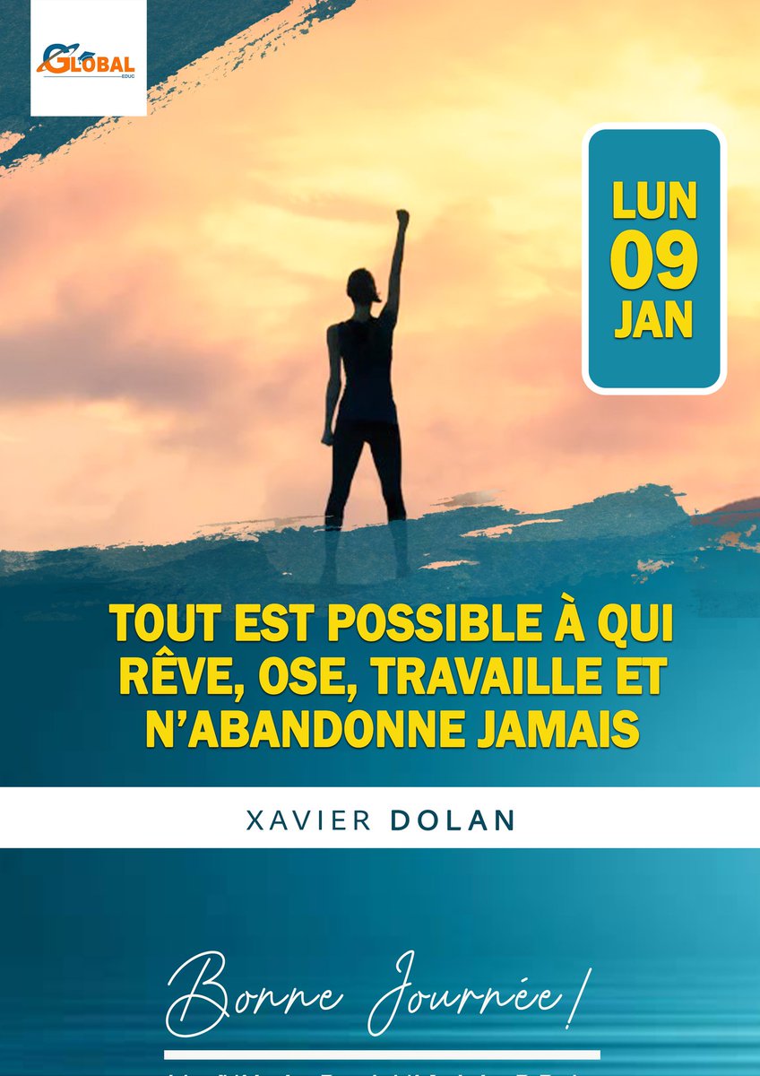 GlobalEduc3's tweet photo. 🇬🇧🇺🇸 "Anything is possible to anyone who dreams, dares, works and never gives up." 

 Xavier Dolan

Excellente semaine à tous ! 🙌✅️ rêvons, osons, travaillons et n'abandonnons jamais 🙏🏾

#quote #citation #xavierdolan #english #anglais #motivation https://t.co/ueVGhwjtxp