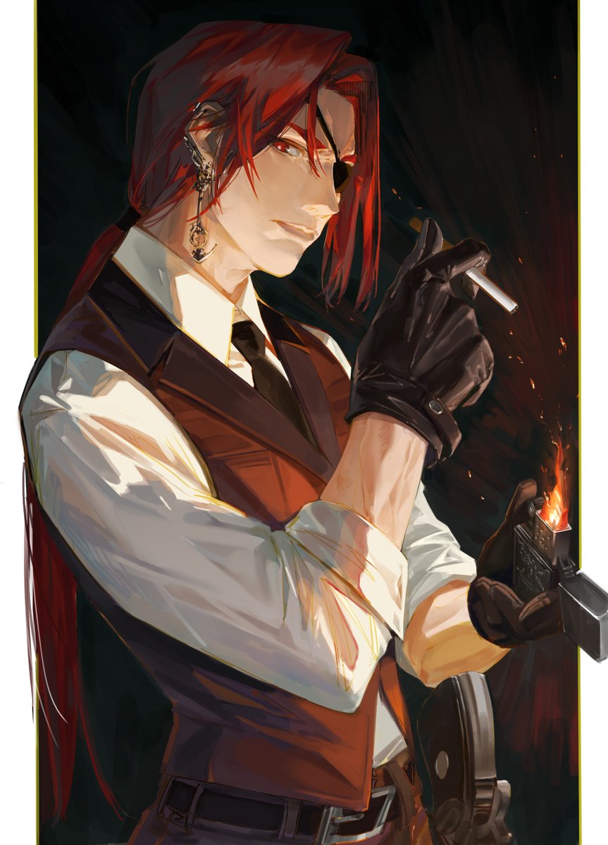 1boy male focus gloves jewelry red hair earrings solo  illustration images