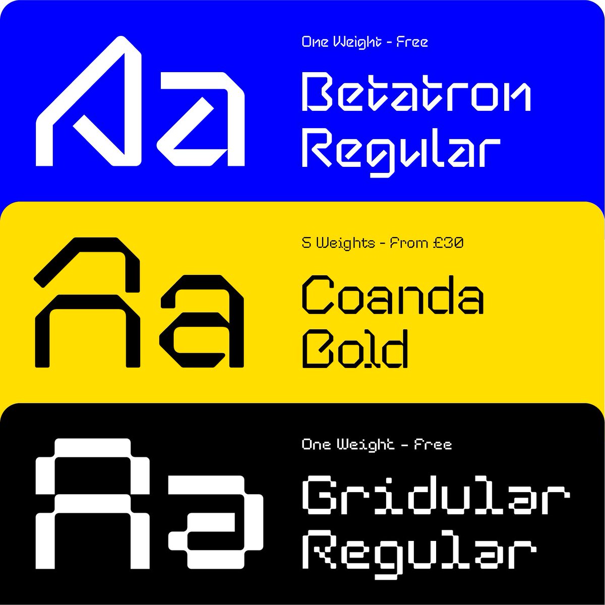 cotypefoundry's tweet photo. Our library has now grown to 3 display typefaces - Betatron (free), Coanda (from £30) and Gridular (free).⁠
⁠
#cotypefoundry #betatron #coanda #gridular

https://t.co/AOKA23PDUj https://t.co/OsIUiMGMaa