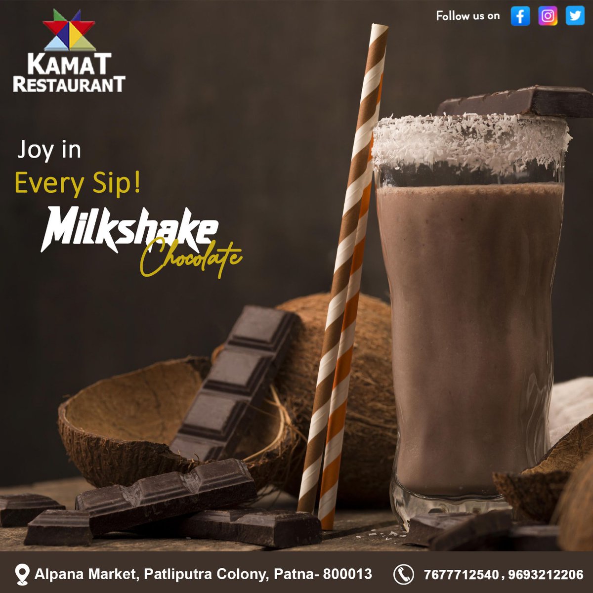 Joy in Every Sip !!
MILKSHAKE CHOCOLATE...
Please call on :- 𝟎𝟔𝟏𝟐 - 𝟐𝟐𝟔𝟔𝟐𝟎𝟕 +𝟗𝟏 𝟕𝟔𝟕𝟕𝟕𝟏𝟐𝟓𝟒𝟎, +𝟗𝟏 𝟗𝟔𝟗𝟑𝟐𝟏𝟐𝟐𝟎𝟔
#milkshake #chocolate #trynow #homedelivery #kamatrestaurant #deliciousrecipes #yummy #Foodie #FoodInTheAir #Delish #CleanEatin