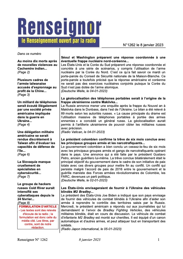 A lire : « RENSEIGNOR (Le renseignement ouvert par la radio), CF2R, 8 janvier 2023.
cf2r.org/wp-content/upl…
cc
@CF2R
<a href="/renseignor/">Alain Charret</a>
