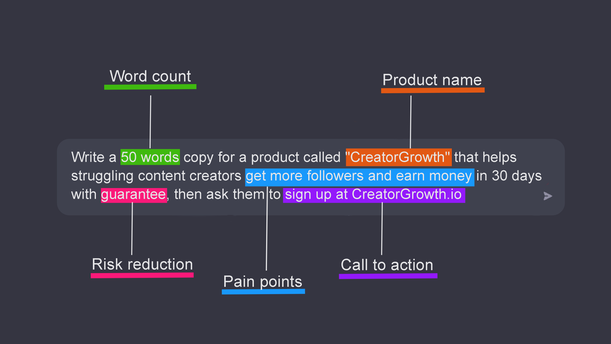 heyBarsee's tweet photo. 2. Copywriting

I cracked the code on how to write a quality copy with ChatGPT.

Here's the inputs I gave:

1. Word count 
2. Product name
3. Customer painpoint 
4. Risk Reversal
5. Call to action https://t.co/FK9UFMurqS
