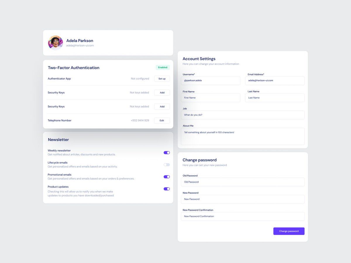 User Profile settings components 👉 Based on horizon-ui.com