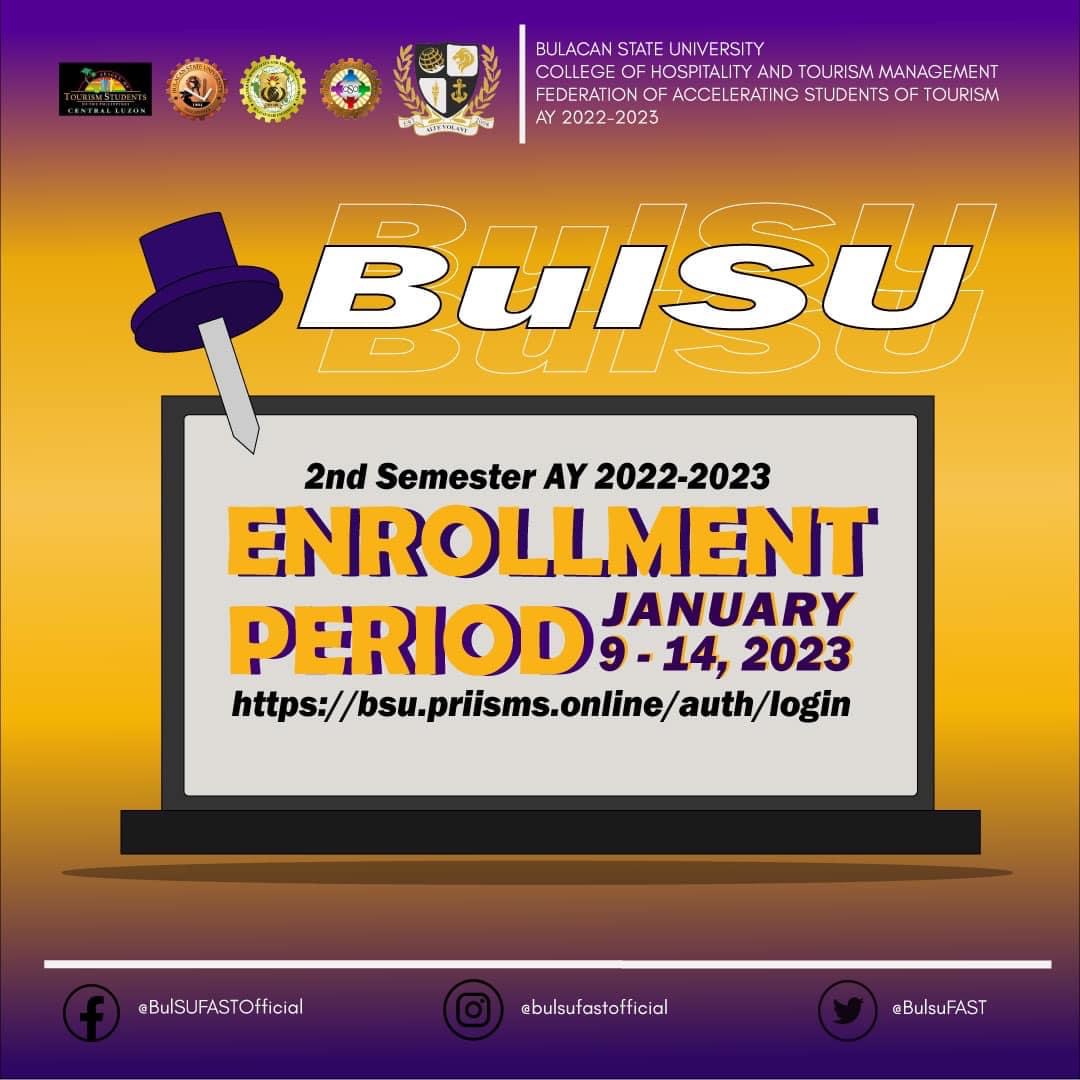 BulsuFAST_'s tweet photo. Mabuhay and Welcome back Ka-Turismo!

We heard your queries, and with that, here is the long-awaited enrollment for the 2nd semester of A.Y. 2022-2023! So, make sure to keep an eye out for detail because you do not want to miss anything. https://t.co/3yodSsjzNy
