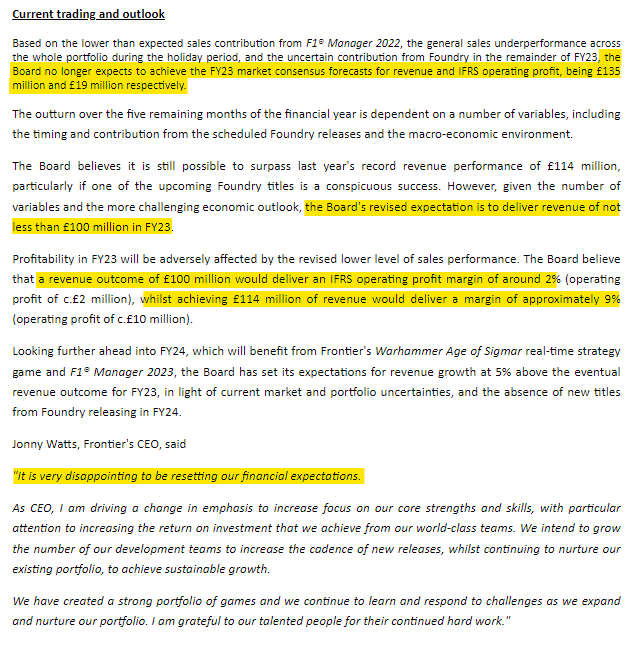 1James1n1's tweet image. #FDEV - Tough pw today as its F1 Manager realease saw, &quot;sales performance during key holiday season price promotions fell materially below original expectations&quot;.

Revenue guidance dropped from £135m to £100m+. As the lower end, this would deliver a 2% operating profit... 😳