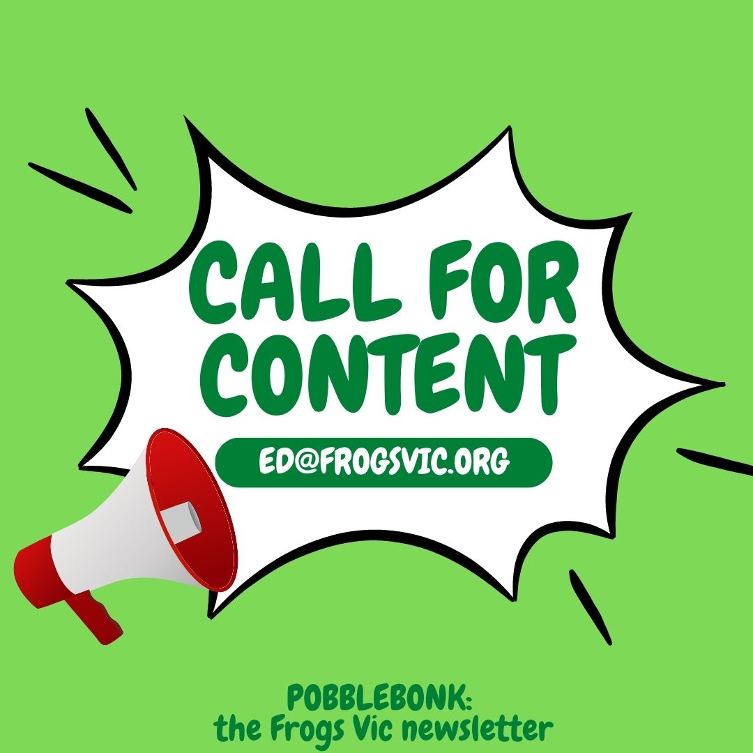 FrogsVic's tweet photo. Holding a froggy event? Got some amphibious news or a frog-related story?
Submissions are now being accepted for the next Frogs VIC Newsletter.
Email ed@frogsvic.org by the 28th of January.
You can see previous issues at https://t.co/WJBrswHvn6. https://t.co/4qbgwu4Hdr
