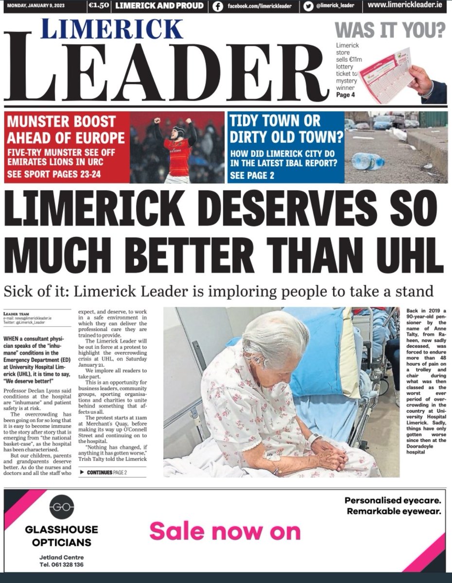 The Limerick Leader team will be out in force on January 21 at the protest against the conditions at University Hospital Limerick.

We urge businesses, community organisations, sports clubs and charity groups to do likewise.

Limerick deserves better.

#ImJoiningUHLprotest