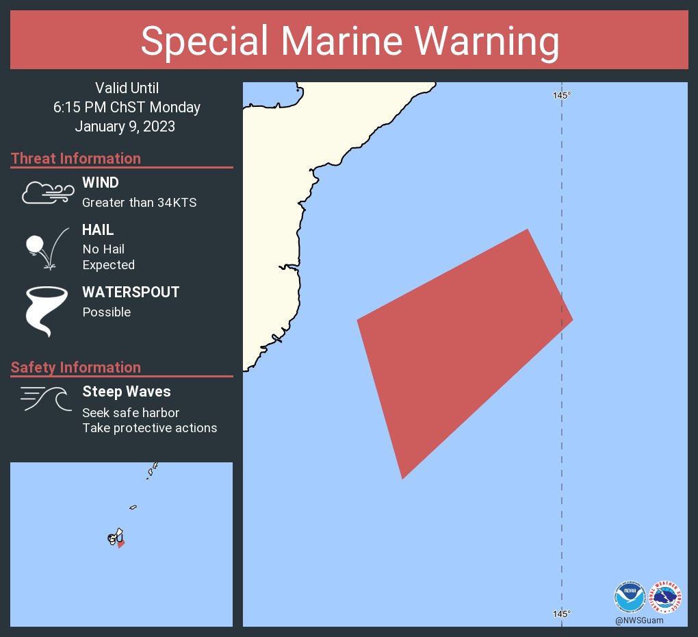 This graphic displays a special marine warning plotted on a map. The warning is in effect until 6:15 PM ChST. The warning includes Guam coastal waters. The threats associated with this warning are wind gusts greater than 34kts and no hail expected.Waterspouts are possible. Steep waves can be expected. Seek safe harbor and take protective actions.