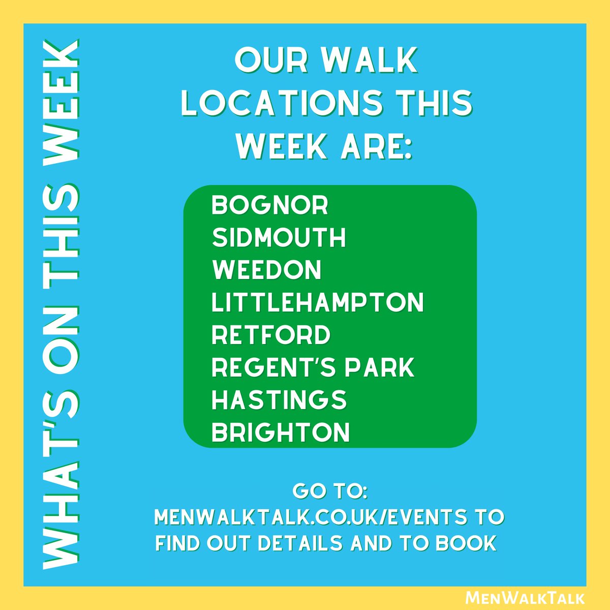 Happy Monday! Lots of walks happening this week! Find out all the details and book on here: menwalktalk.co.uk/events 🚶‍♂️

#mensmentalhealth #mentalhealth #bognor #westsussex #sidmouth #devon #weedon #littlehampton #retford #london #regentspark #hastings #eastsussex #brighton