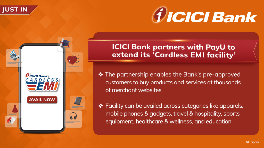 ICICIBank's tweet photo. #JustIn: #ICICIBank collaborates with @PayUindia to provide ‘Cardless EMI’ facility at leading merchant sites to the pre-approved customers of the Bank, making shopping more affordable and convenient.
#CardlessEMI #CardlessShopping #CardlessPayments https://t.co/K0jaXmyWOy