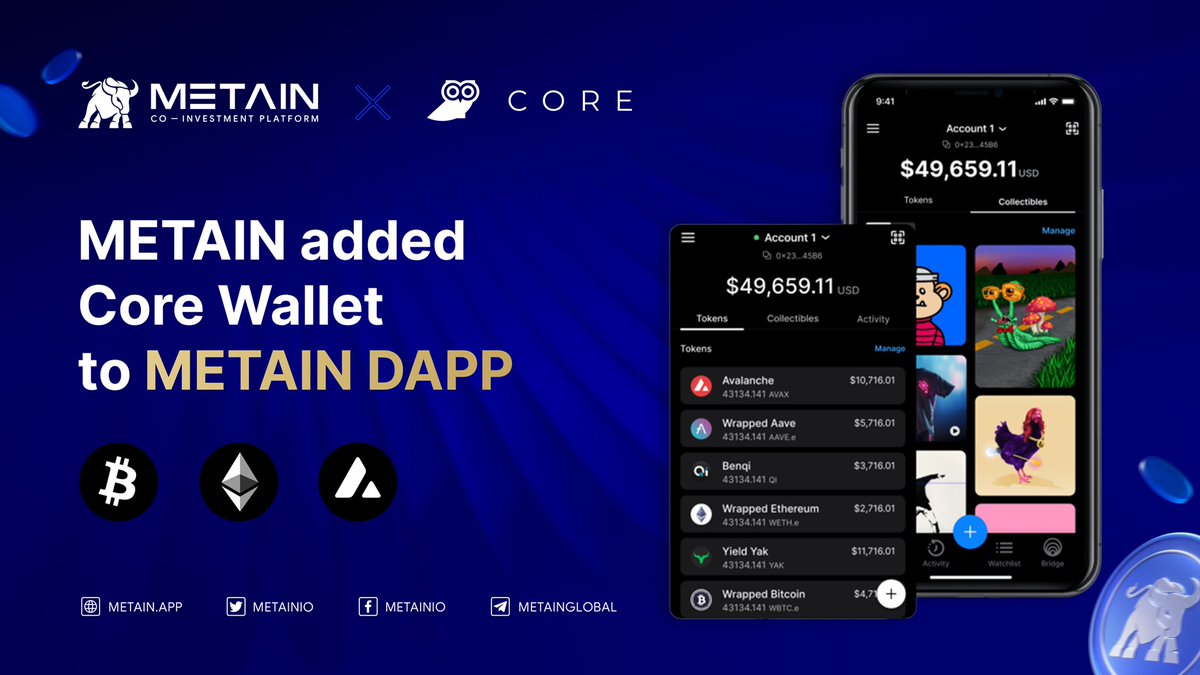 METAIN.io 🔺Road To INO (@metainio) on Twitter photo Pleased to share that we completed adding Core Wallet to METAIN DApp.
Core is the self-custody wallet built by the team behind @avalancheavax. <a href="/coreapp/">Core Wallet 🔺</a> brings AVAX & ETH dApps, BTC, NFTs, bridges, Subnets, L2s & more across your devices.
🦉Download Core shorturl.at/ainQ8 Pleased to share that we completed adding Core Wallet to METAIN DApp.
Core is the self-custody wallet built by the team behind @avalancheavax. <a href="/coreapp/">Core Wallet 🔺</a> brings AVAX & ETH dApps, BTC, NFTs, bridges, Subnets, L2s & more across your devices.
🦉Download Core shorturl.at/ainQ8