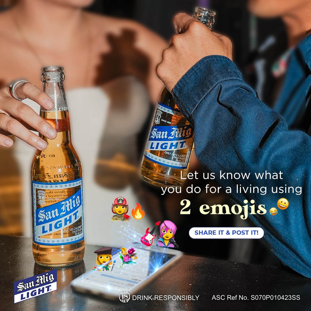 SanMigLightPH's tweet photo. Soβ¦ What do you do for a living? π€ Make βem guess! Share and describe it using only 2 emojis! πΌ #GetIntoTheLightLife
Drink Responsibly. https://t.co/XhjRcq1JE6