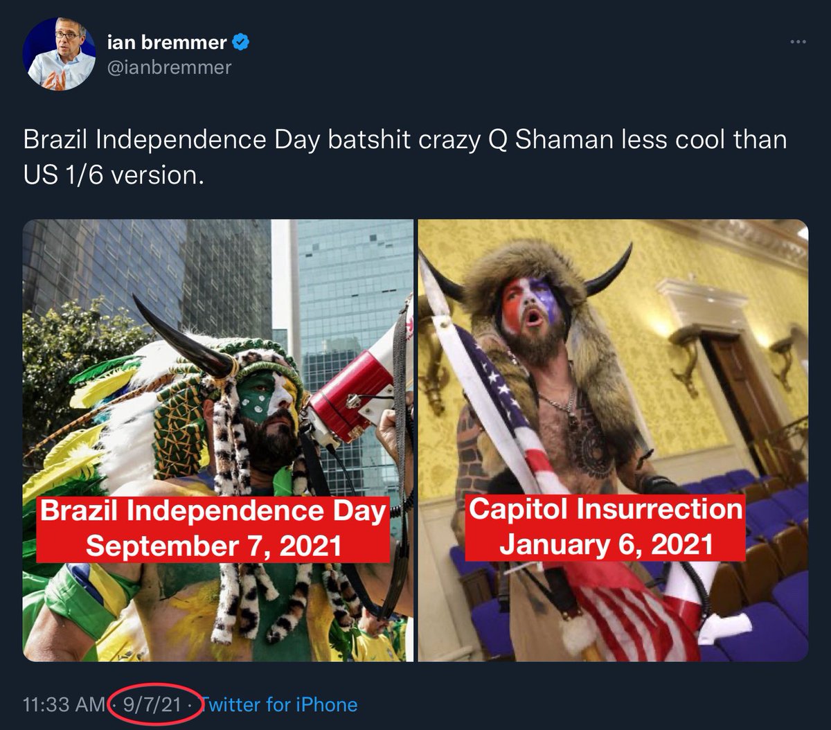 ⚠️ There’s an image making the rounds on social media drawing parallels to the QAnon shaman. It’s not fake, but it’s not from today’s attack on democracy in Brazil.
