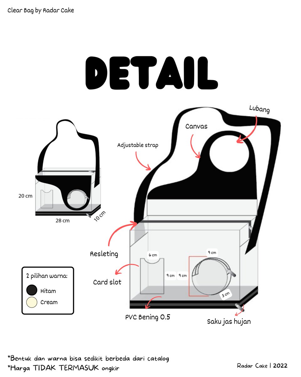 radarcake's tweet image. .Design beda dengan clear bag/tas pvc lainnya
.Ada saku terpisah khusus jas hujan atau tisu
.Bahan clear pvc 0.5
.Clear PVC 0.5
.Kombinasi kanvas
.2 pilihan warna (hitam/cream)
.Adjustable strap

Detail lain bisa dilihat pada gambar

#tastransparant #pvcbag #clearbag #concertbag
