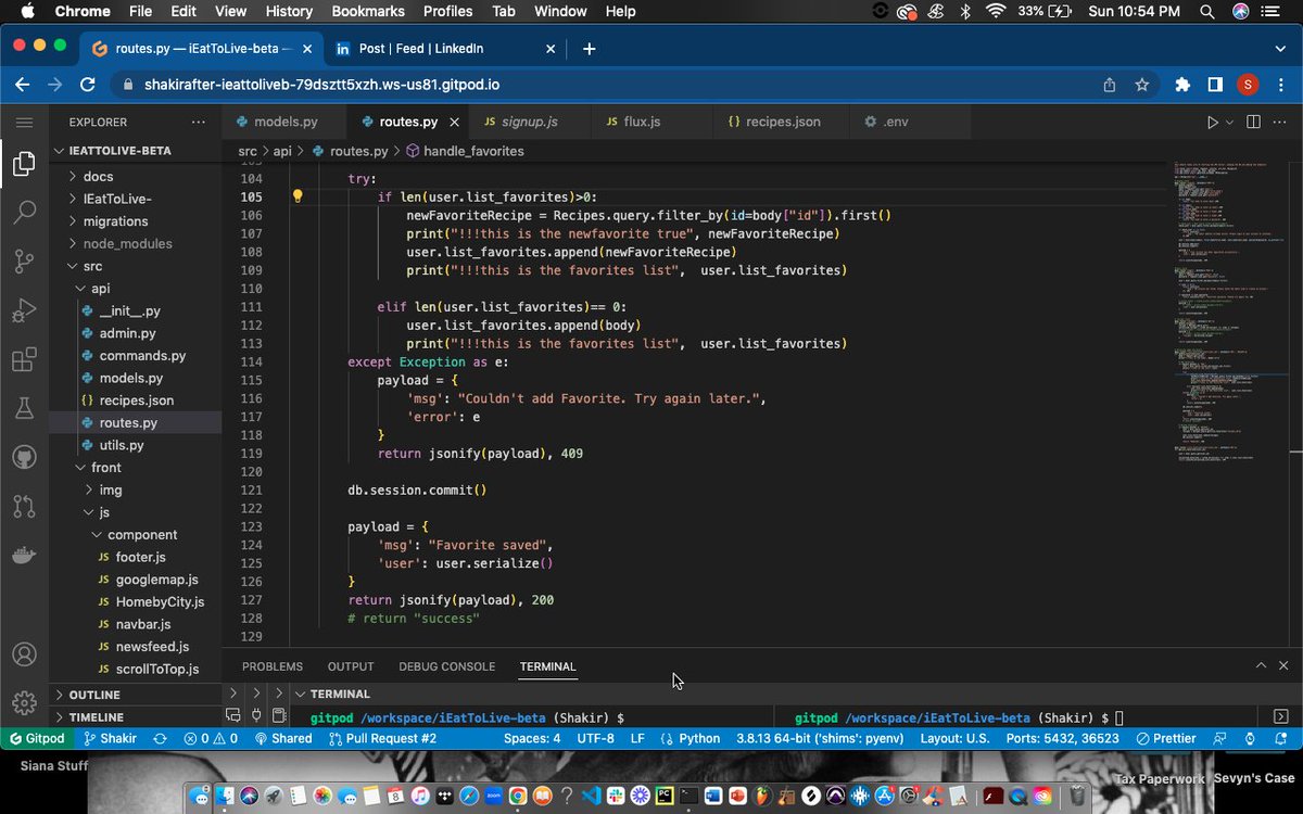 ShakirTamar's tweet photo. Day 7 of #100DaysOfCode (Rd 1/3)
Spent time trying to fix an error I am having with the API and being able to save "Favorites" to users' accounts. Keep getting the "Object of type NameError is not JSON serializable" message. Still troubleshooting it
#SoftwareDeveloper #Life https://t.co/XFcXZYvr3U