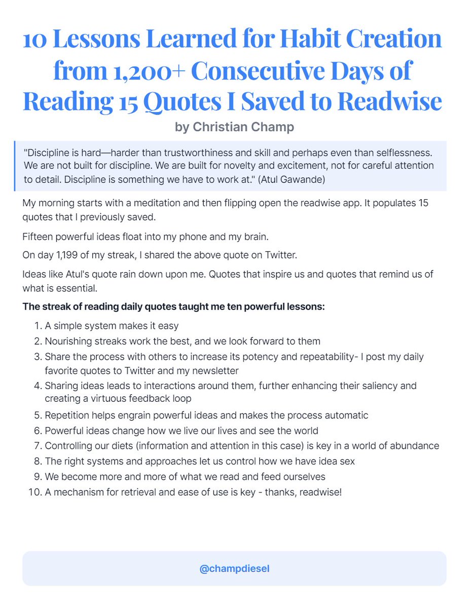 champdiesel's tweet image. 10 Lessons Learned for Habit Creation from 1,200+ Consecutive Days of Reading 15 Quotes I Saved to Readwise 

@readwise
#ship30for30
