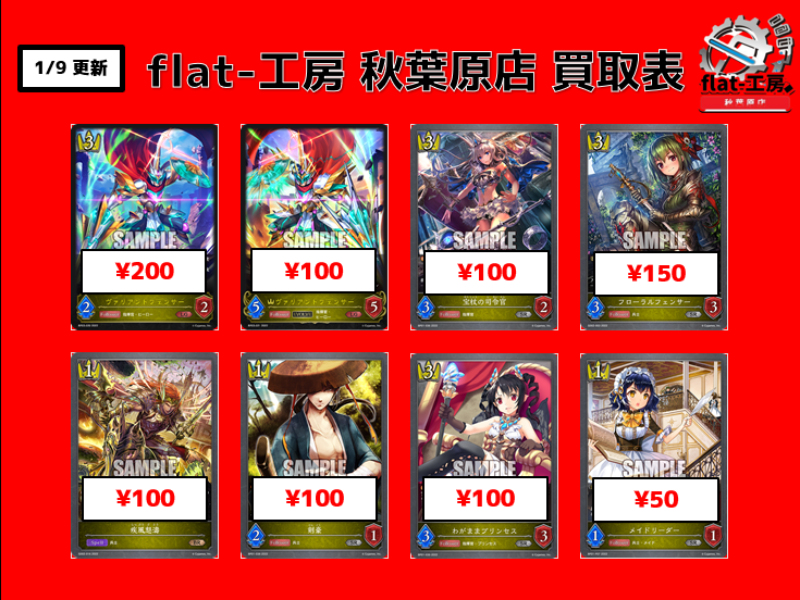 flat_akihabara's tweet photo. 【🔥flat工房緊急買取🔥】

ヒーローロイヤルが組みたい！！！！

🔥宝杖の司令官　¥100🔥
🔥剣豪 ¥100🔥
🔥フローラルフェンサー ¥150🔥

新弾旧弾問わず他のカードも買取しております‼
シャドウバースエボルヴの買取はflat-工房秋葉原店へ‼
#flat工房秋葉原店高価買取 https://t.co/Xa22x2Q55k