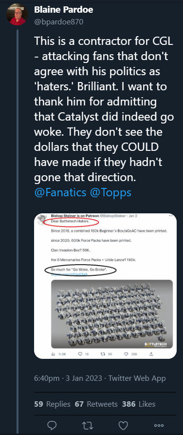 Bardsrok's tweet photo. This is hilarious.
Blaine Pardoe is mad that @BishopSteiner called out Battletech haters after CGL had a great year.
AND Blaine making an overt attempt to contact Fanatics and Topps trying get someone fired from CGL is just a desperate shot from a jealous #shitheel. https://t.co/5LRbWuIjPI