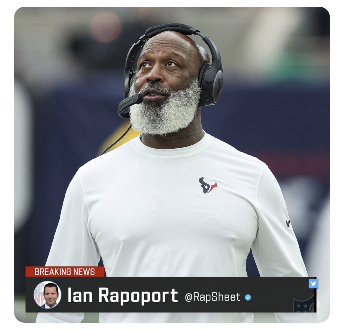 WeHitThose__9's tweet photo. Texans meet with Lovie Smith earlier this week: “we are firing you after Sundays game”

Texans coaching staff in Lovies headset after they tied the game: “please intentionally miss this XP, we get the #1 pick if we lose”

Lovie: “you said for for two? Got it!”

Legendary #NFLNews https://t.co/zcPNEK1ROZ