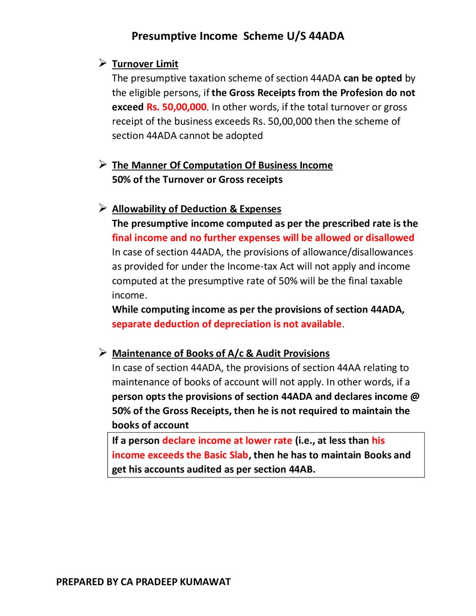 CA Pradeep Kumawat (@capradeepkumaw1) on Twitter photo Important aspects regarding Presumptive Income U/s 44ADA
<a href="/TaxationUpdates/">Taxation Updates (CA Mayur J Sondagar)</a> <a href="/AbhasHalakhandi/">Abhas Halakhandi</a> <a href="/akhilpachori/">CA Akhil Pachori</a>
<a href="/abhishekrajaram/">Abhishek Raja "Ram"</a> <a href="/TilotamaG/">Tilotama Vikram</a> <a href="/CAclubindia/">CAclubindia</a> <a href="/SaurinShahCA/">Saurin Shah</a> <a href="/PratibhaGoyal/">Pratibha Goyal</a> <a href="/BhanwarBorana/">Bhanwar Borana</a>
<a href="/Kuldeepkg91/">CA Kuldeep KD - Chairman ICAI Jaipur (22-23)</a> <a href="/taxguru_in/">Tax Guru</a> <a href="/CAChirag/">CA Chirag Chauhan</a> <a href="/dineshwadera/">Dinesh Wadera</a> Important aspects regarding Presumptive Income U/s 44ADA
<a href="/TaxationUpdates/">Taxation Updates (CA Mayur J Sondagar)</a> <a href="/AbhasHalakhandi/">Abhas Halakhandi</a> <a href="/akhilpachori/">CA Akhil Pachori</a>
<a href="/abhishekrajaram/">Abhishek Raja "Ram"</a> <a href="/TilotamaG/">Tilotama Vikram</a> <a href="/CAclubindia/">CAclubindia</a> <a href="/SaurinShahCA/">Saurin Shah</a> <a href="/PratibhaGoyal/">Pratibha Goyal</a> <a href="/BhanwarBorana/">Bhanwar Borana</a>
<a href="/Kuldeepkg91/">CA Kuldeep KD - Chairman ICAI Jaipur (22-23)</a> <a href="/taxguru_in/">Tax Guru</a> <a href="/CAChirag/">CA Chirag Chauhan</a> <a href="/dineshwadera/">Dinesh Wadera</a>