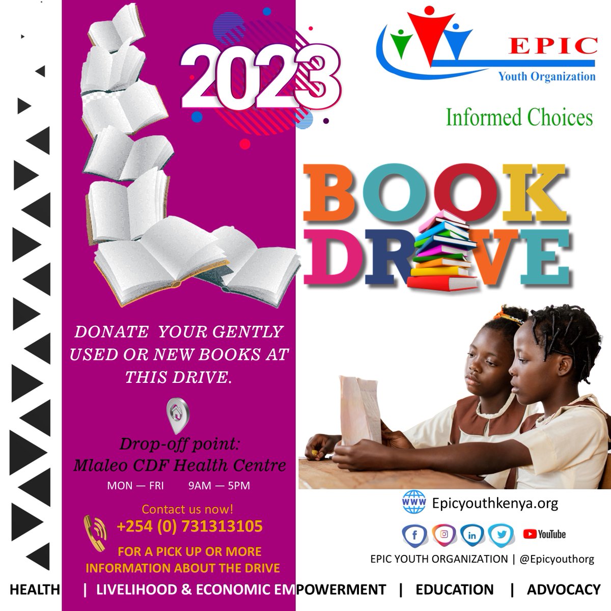 What a way to start the year 2023

Please drop off your gently used/ or unused books at Mlaleo CDF Health Centre, Mombasa , Kenya. 
You may also message us through our  Pages <a href="/Epicyouthorg/">Epic Youth Organization - Kenya</a> or call/text at +254 (0) 731313105.
Let us help raise a community of readers.

DONATE NOW!