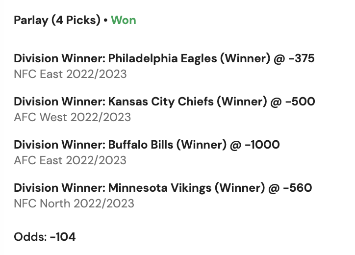 GamblorProfits's tweet photo. Very much forgot even placing this until the winnings showed up in my bank roll. Was this even a smart play?

#NFLTwitter #FlyEaglesFly #ChiefsKingdom #BillsMafia #Skol #NFLGambling #GamblingTwitter https://t.co/01BbrrQbcS